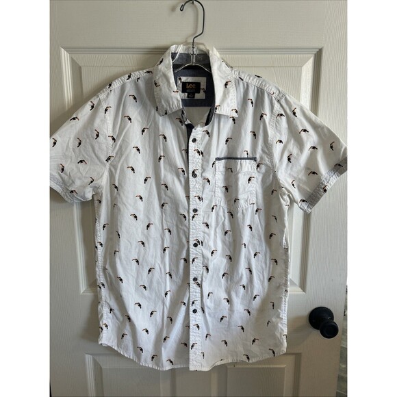 Lee Mens Shirt Medium White Button Up Collar Toucan Novelty 100% Cotton Birds - Picture 1 of 10